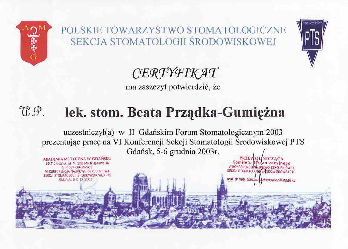 Certyfikat - II Gdańskie Forum Stomatologiczne PTS (2003)
