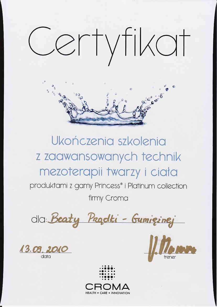 Certyfikat - szkolenie z zaawansowanych technik mezoterapii, Croma (2010)