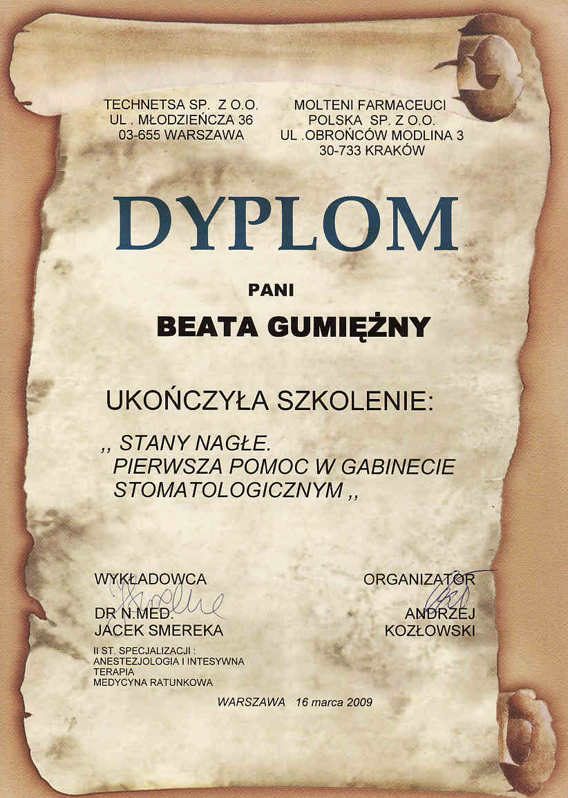 Dyplom - szkolenie Stany nagłe. Pierwsza pomoc w gabinecie stomatologicznym (2009)