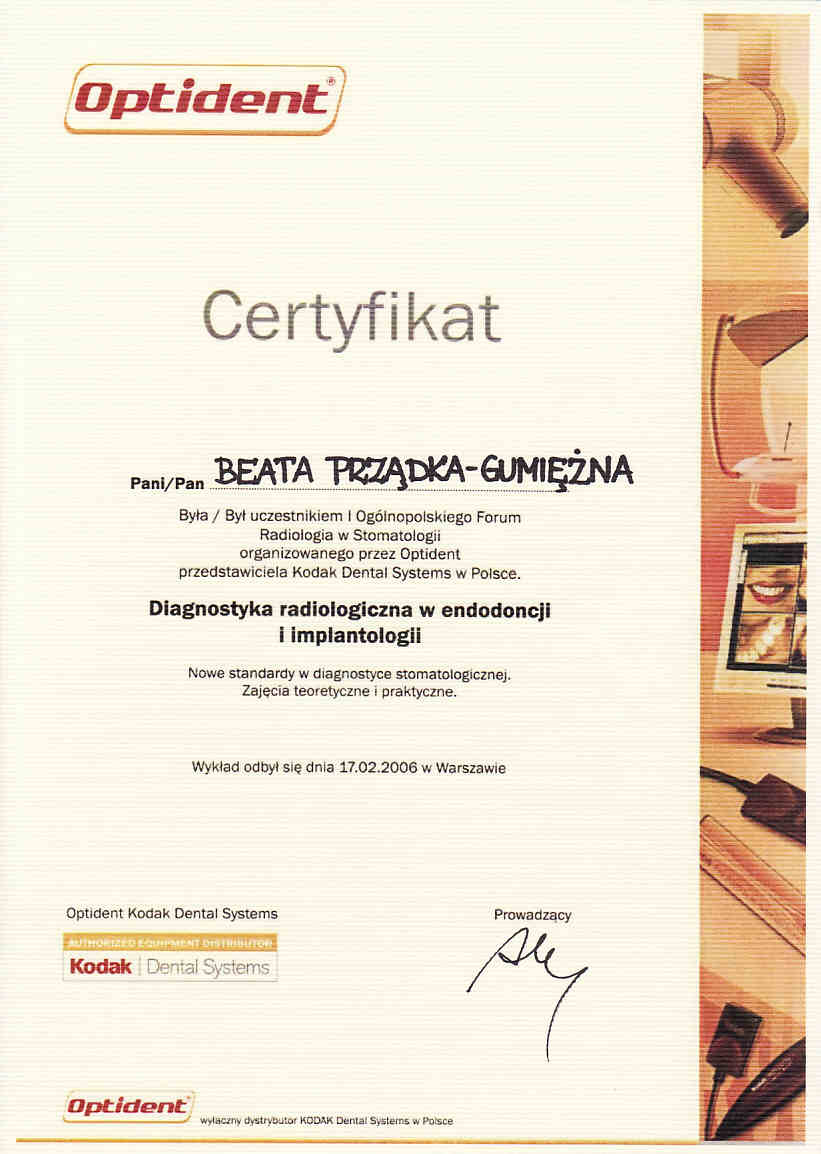 Certyfikat Optident - Diagnostyka radiologiczna w endodoncji i implantologii (2006)