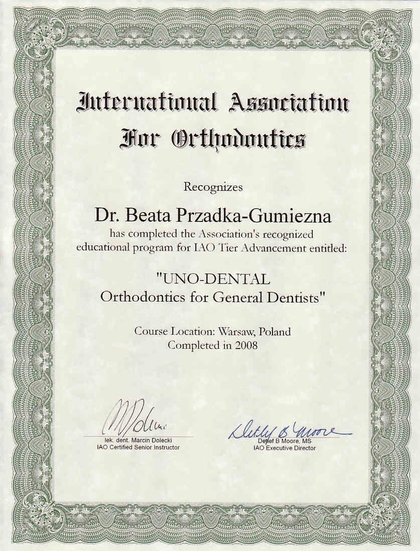 Certyfikat International Association for Orthodontics - UNO-DENTAL (2008)
