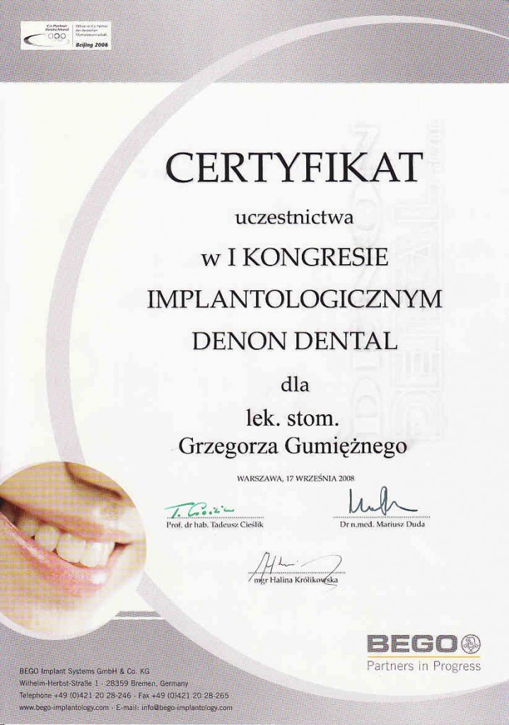 Certyfikat - I Kongres Implantologiczny Denon Dental, BEGO (2008)