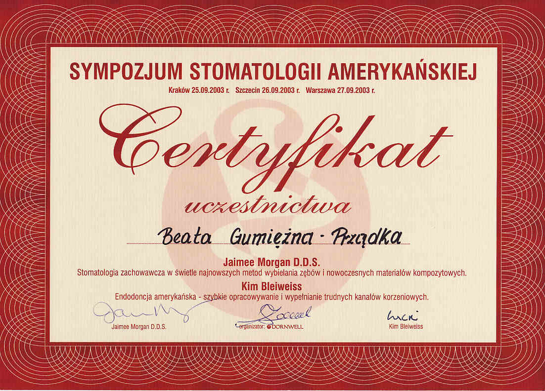 Certyfikat uczestnictwa - Sympozjum Stomatologii Amerykańskiej (2003)