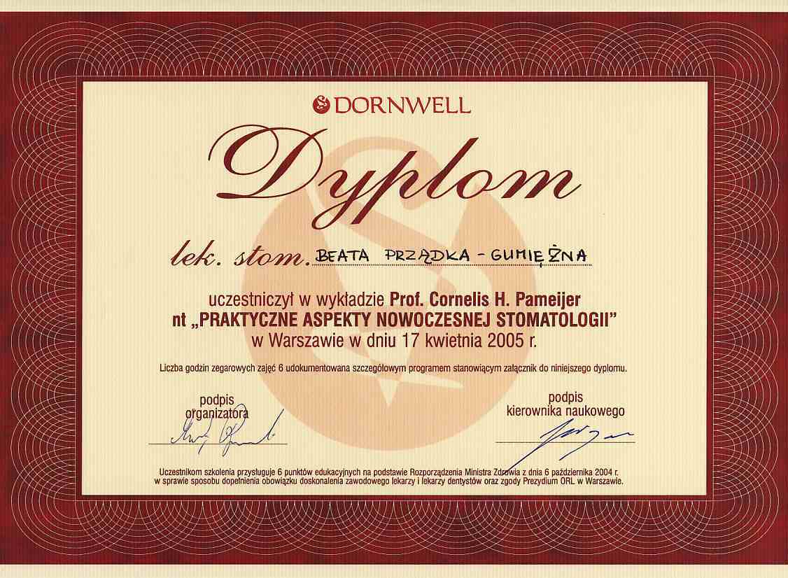 Dyplom Dornwell - wykład prof. Cornelis H. Pameijer (2005)