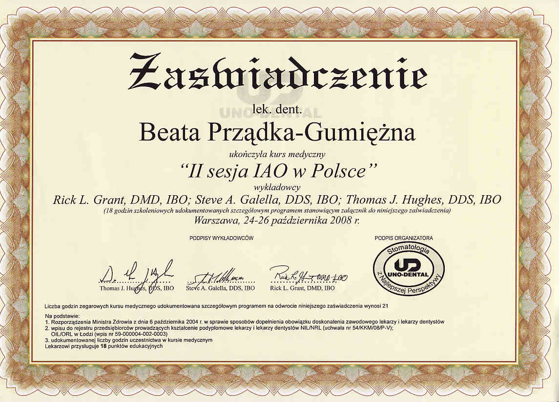 Zaświadczenie - II sesja IAO w Polsce (2008)
