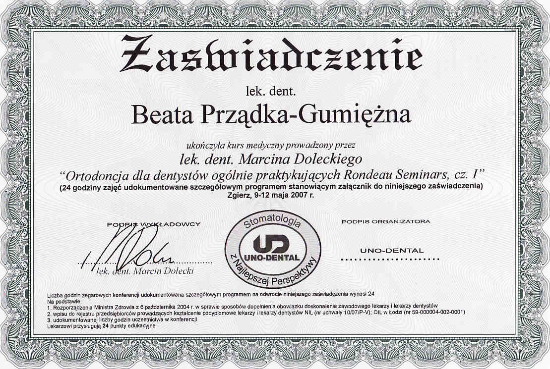 Zaświadczenie - Ortodoncja Rondeau Seminars, cz. I (2007)