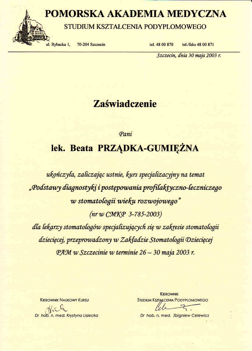 Zaświadczenie - Pomorska Akademia Medyczna, stomatologia dziecięca (2003)