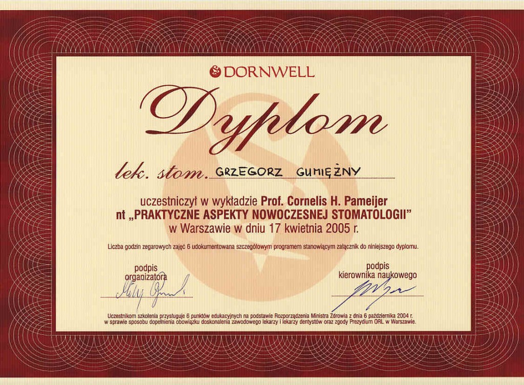 Dyplom Dornwell - wykład prof. Cornelis H. Pameijer, Grzegorz Gumiężny (2005)