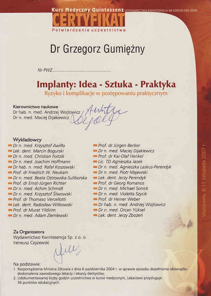 Certyfikat - Implanty: Idea, Sztuka, Praktyka, Kurs Medyczny Quintessenz (2007)