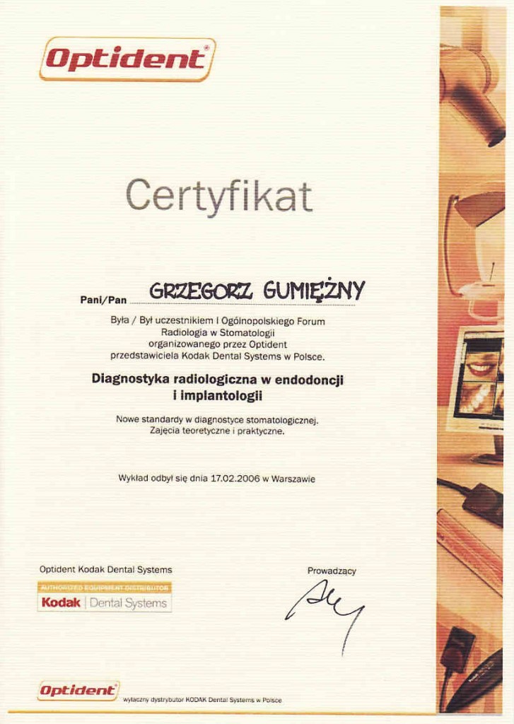 Certyfikat Optident - Diagnostyka radiologiczna w endodoncji i implantologii, Grzegorz Gumiężny (2006)