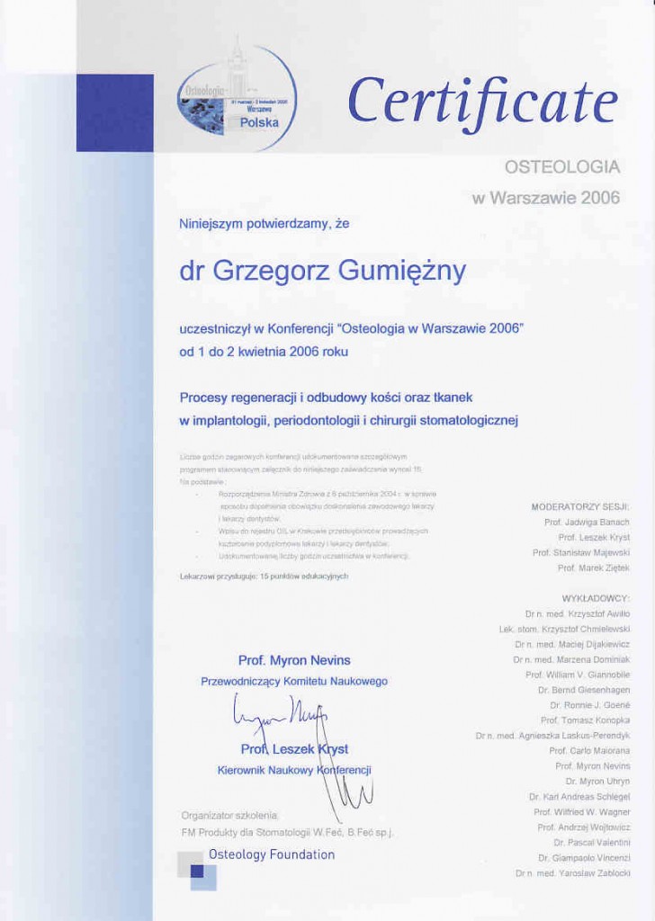 Certificate - Osteologia w Warszawie 2006, regeneracja i odbudowa kości