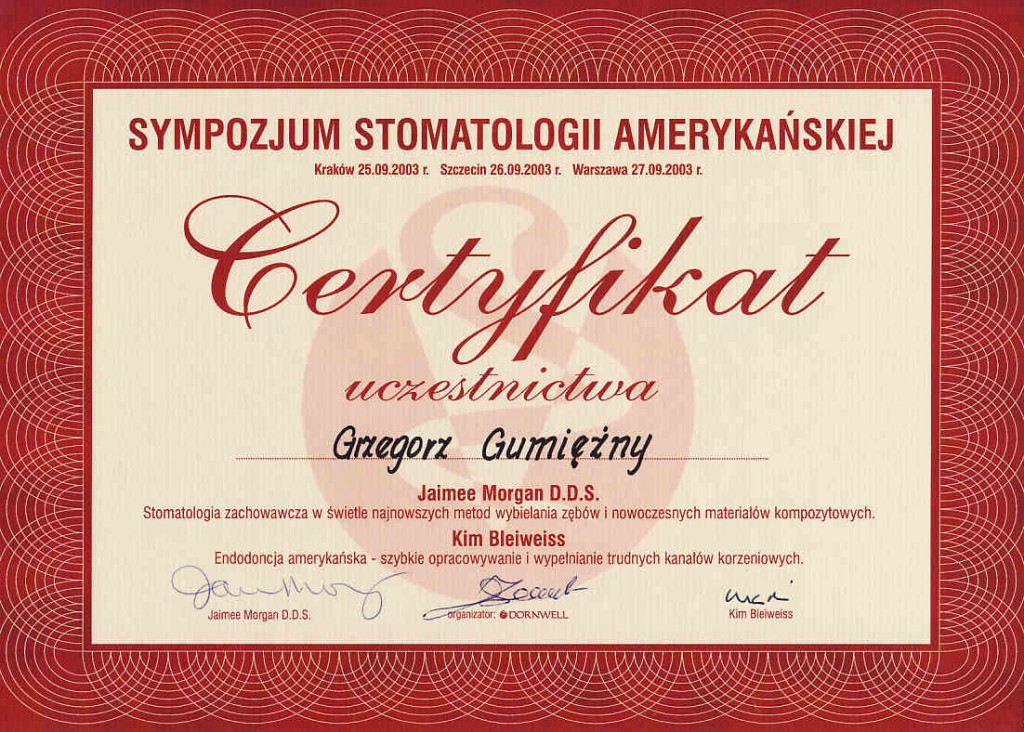 Certyfikat - Sympozjum Stomatologii Amerykańskiej, Grzegorz Gumiężny (2003)