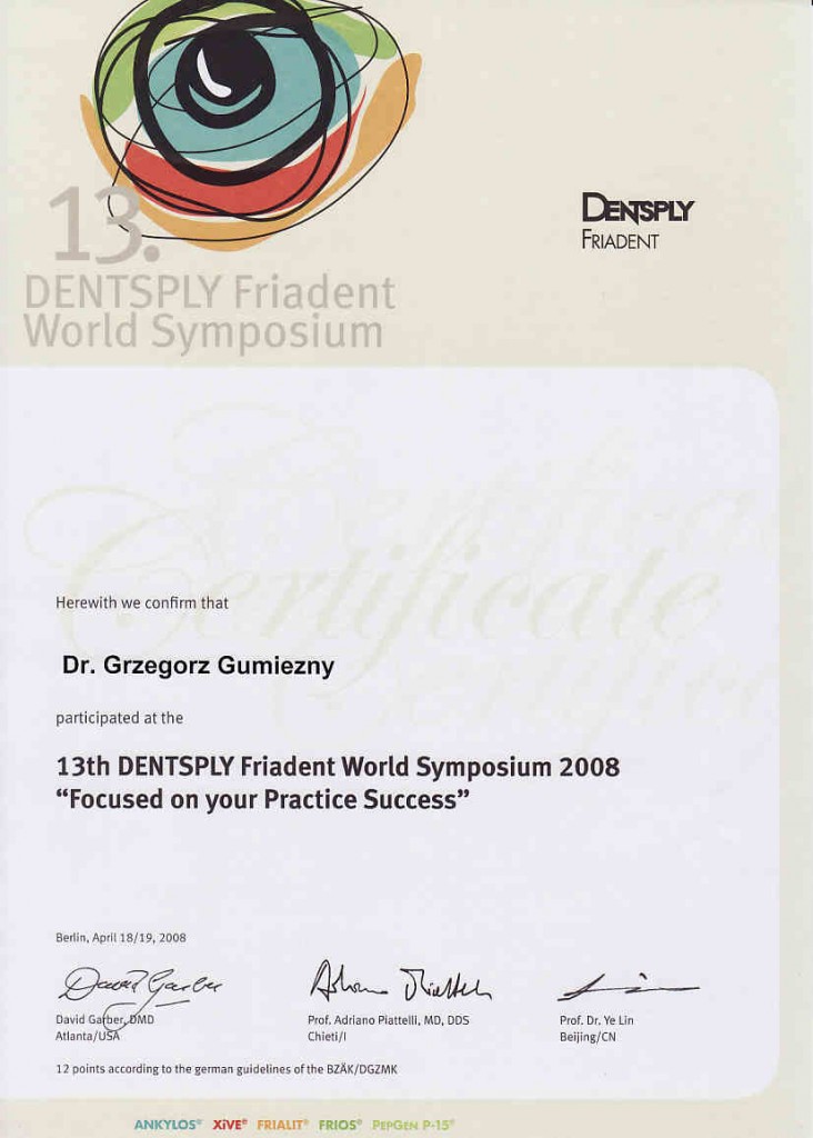 Certificate - 13th DENTSPLY Friadent World Symposium, Berlin (2008)