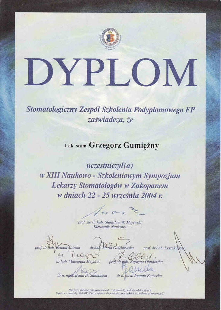 Dyplom - XIII Naukowo-Szkoleniowe Sympozjum Lekarzy Stomatologów w Zakopanem, Grzegorz Gumiężny (2004)