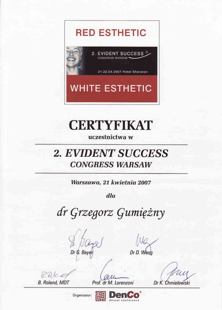 Certyfikat - 2. Evident Success Congress Warsaw, Red & White Esthetic (2007)