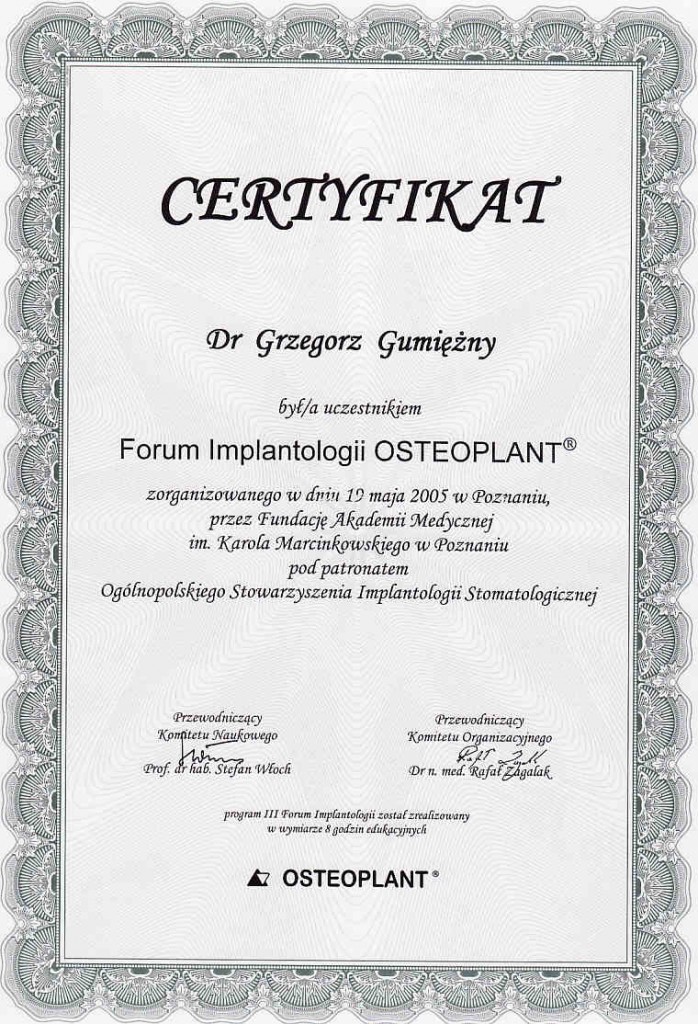 Certyfikat - Forum Implantologii OSTEOPLANT, Poznań (2005)