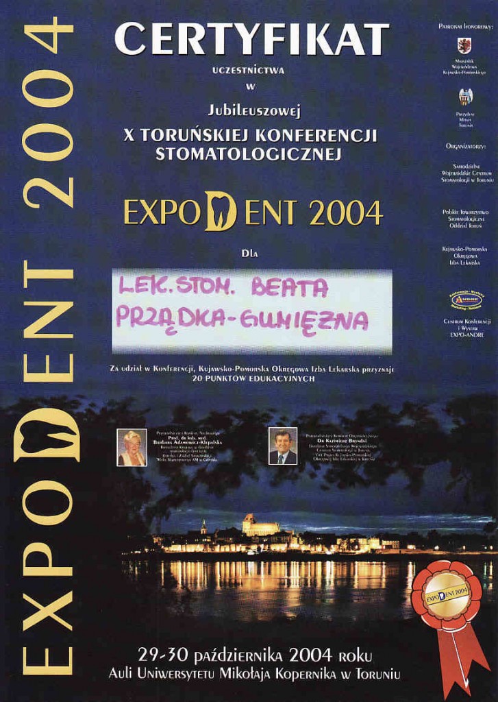 Certyfikat - X Toruńska Konferencja Stomatologiczna EXPODENT 2004, Beata Prządka-Gumiężna